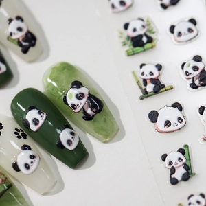 5D Panda theme nail art stickers featuring cute bamboo designs on green manicured nails