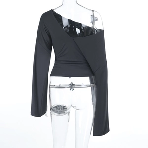 Detailed back view of a slim-fit black one-shoulder long sleeve top on a transparent mannequin