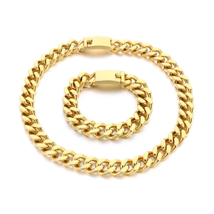 Parure de bijoux gourmette dorée 13mm comprenant un collier et un bracelet unisexe de luxe