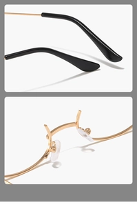 Detail of ergonomic golden metal temples and soft silicone nose pads on half-frame glasses