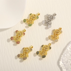 Teddy Bear Charm Pendant Hollow Geometric Micro Pave Colorful Cubic Zirconia Copper 18K Gold Plated DIY Jewelry Making