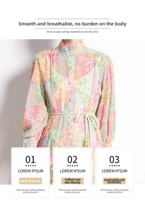 Detailed view of lightweight floral dress with ethnic print and woven drawstring waist belt