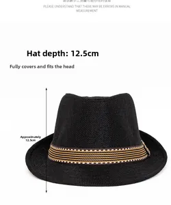 Detail view of 12.5cm deep black fedora hat with contrast band and snug fit design