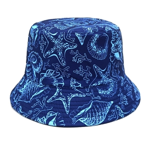 Detail of navy blue fisherman hat with sea star print and durable stitching finish