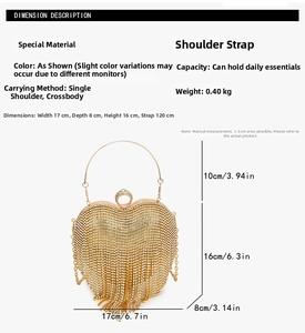 Detail showing gold heart-shaped clutch bag dimensions with fringe and chain strap