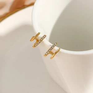 Minimalist double-row 18K gold-plated stainless steel stud earrings with white zircons