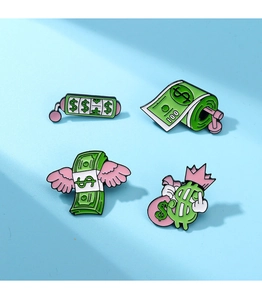 Detailed grid view of four cartoon money-themed enamel pins on a blue background