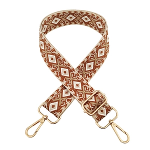 Detail of colorful geometric diamond pattern woven bag strap with golden metal clasps