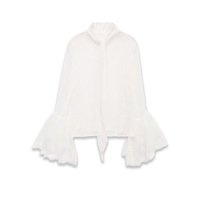 White Lace Blouse For Women Long Flare Sleeve Bow Tie Neck Elegant See Through Retro Solid Color Shirt Top