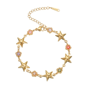 Bracelet en acier inoxydable plaqué or 18k avec pierres colorées et breloques étoiles