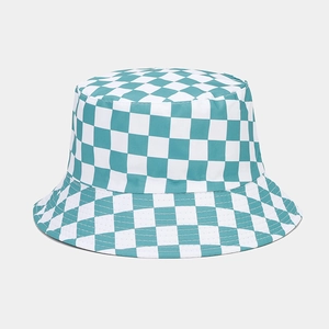 Detail of teal and white checkered bucket hat with reinforced stitching on the brim