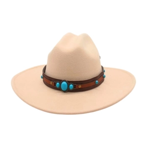 Detail of cream suede cowboy hat with brown leather band and turquoise stone inlays