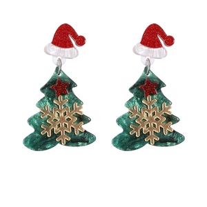 Sparkly green Christmas tree earrings with a red star and festive Santa hat detail
