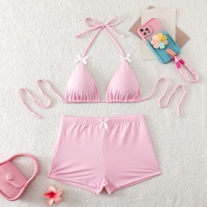 Pink gingham two-piece bikini set with bow details and square-cut swim bottoms