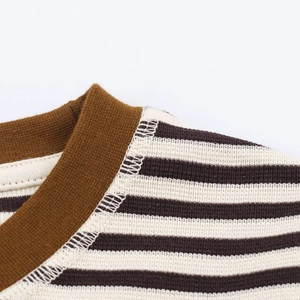 Detail of knitted striped T-shirt showing brown ribbed neckline and premium stitching