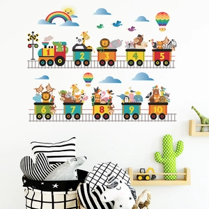 Cartoon animal train wall stickers with numbers 1-10 for kids nursery wall decoration