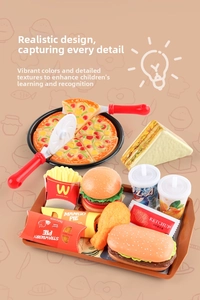 Realistic fast food play set detail featuring toy pizza, burger, and fries on a tray