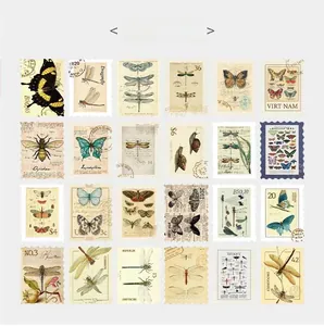 Macro view of 24 vintage insect stamp stickers featuring butterflies and dragonflies