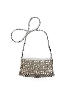Close-up of handmade silver metal sequin beads and woven chain details on mini bag