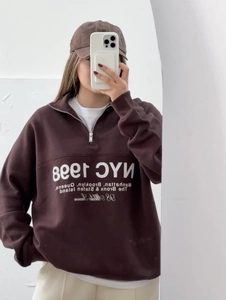 Brown half-zip hoodie with NYC 1998 letter print and a relaxed oversized fit for women