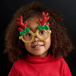 Christmas party glasses with gold glitter frame, red reindeer antlers and green bows
