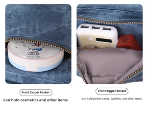 Detail view of denim backpack front pocket showing storage capacity for daily essentials