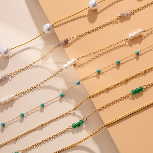 18K gold plated stainless steel necklaces with pearls and colorful gemstone beads