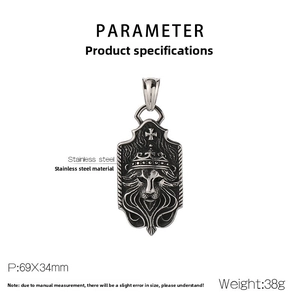 Detail view of retro stainless steel lion crown shield pendant with 69x34mm size info
