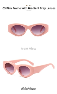 Detail of pink cat-eye sunglasses with gradient grey lenses from front and side views