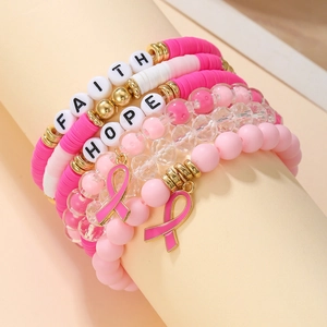 Pink western cowboy style clay bead bracelet set with faith and hope letter charms
