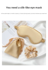 Champagne gold satin sleep set featuring eye mask, scrunchie and drawstring storage bag