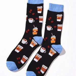 Men's cotton crew socks with black coffee bean pattern and blue contrast heel and toe