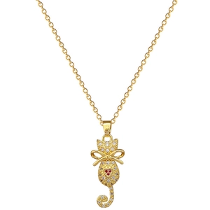 Golden cat necklace with clear diamonds and red heart pendant on stainless steel chain