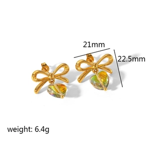 Gold bow earrings with rainbow heart crystal, 21mm width and 22.5mm length dimensions