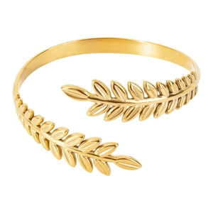 Adjustable gold titanium steel C-shape wheat leaf open bangle for elegant women