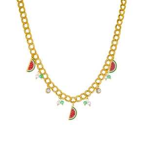 Golden double chain necklace featuring cartoon watermelon pendants and colorful beads
