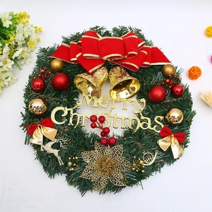 30cm Christmas wreath with green pine needles, golden bells, and Merry Christmas sign