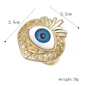 Detailed size view of gold plated 3D evil eye open ring measuring 2.5cm by 2.2cm