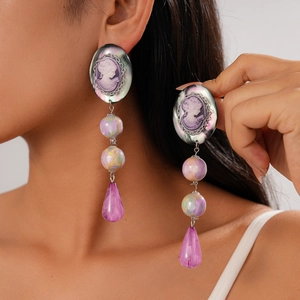 Purple Resin Cameo Dangle Earrings With 925 Sterling Silver Earring Post Vintage Long Water Drop Jewelry For Women