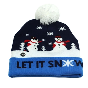Blue Christmas knitted hat with white snowmen, snowflakes and LED light switch