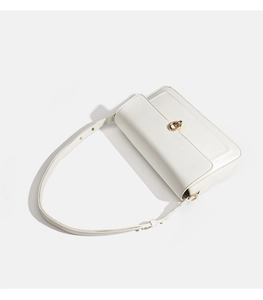 Detail of white minimalist leather shoulder bag with elegant oval golden metal buckle