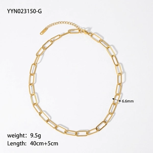 Detail showing 6.6mm wide 18K gold plated paperclip chain with lobster clasp and extender
