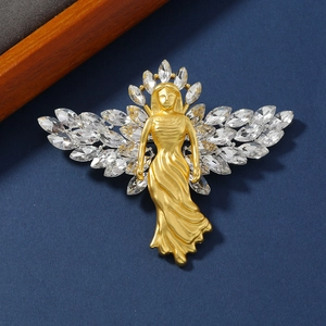 Retro Angel Brooch Pin For Women Matte Gold Winged Angel With Clear Rhinestone Crystal Anti Exposure Elegant Accessory