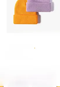 Detailed close-up of bright yellow and lavender ribbed knit beanies for autumn winter