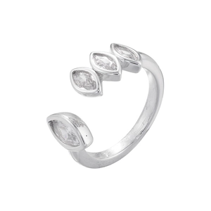 Detail macro view of silver open ring with marquise-cut zircons and layered metal band