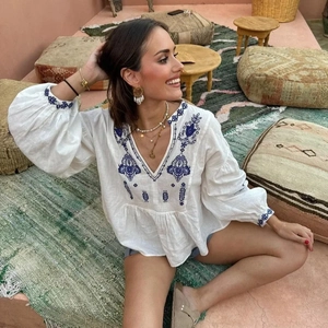 Women V Neck Cotton Blouse Long Lantern Sleeve Blue Floral Embroidery Bohemian Casual Loose Ethnic Top
