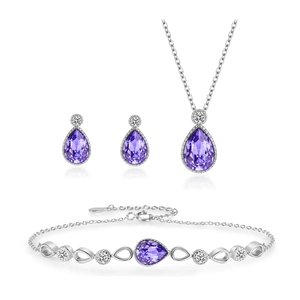 S925 silver jewelry set with purple pear-cut crystal teardrops, necklace earrings and bracelet