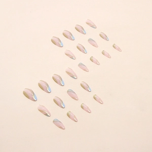 Blue wavy glitter almond press-on nails set with 24 pieces of various sizes and gold accents