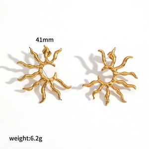 Golden sunflower hollow stud earrings in stainless steel with 41mm diameter size