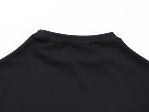 Close-up of the neckline stitching on a black high-elastic slim fit athletic t-shirt